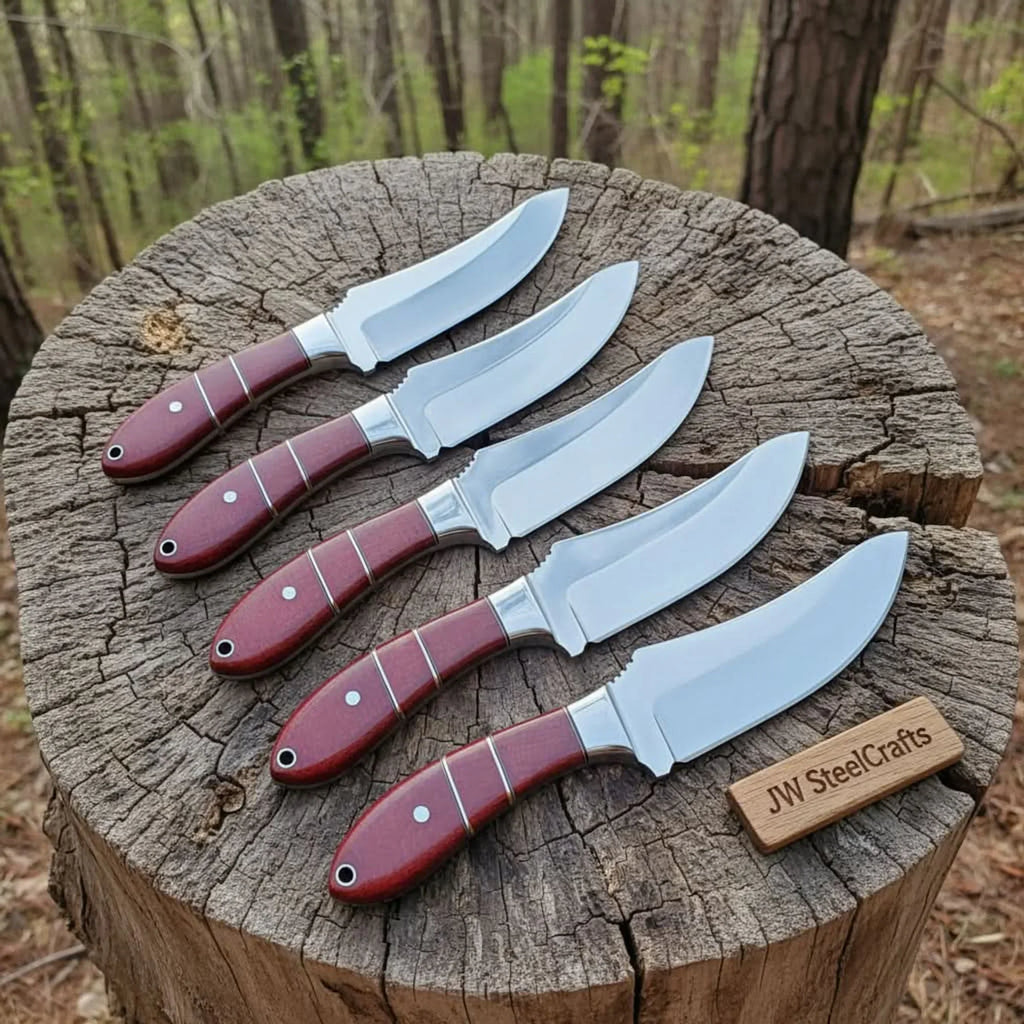 Handmade Drop Point Hunting Knife Set of 5-Piece Full Tang Blades with Red Resin Handles