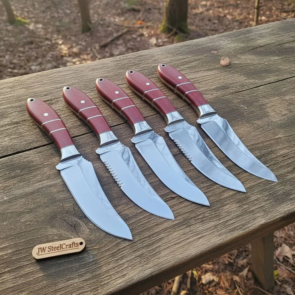 Handmade Drop Point Hunting Knife Set of 5-Piece Full Tang Blades with Red Resin Handles