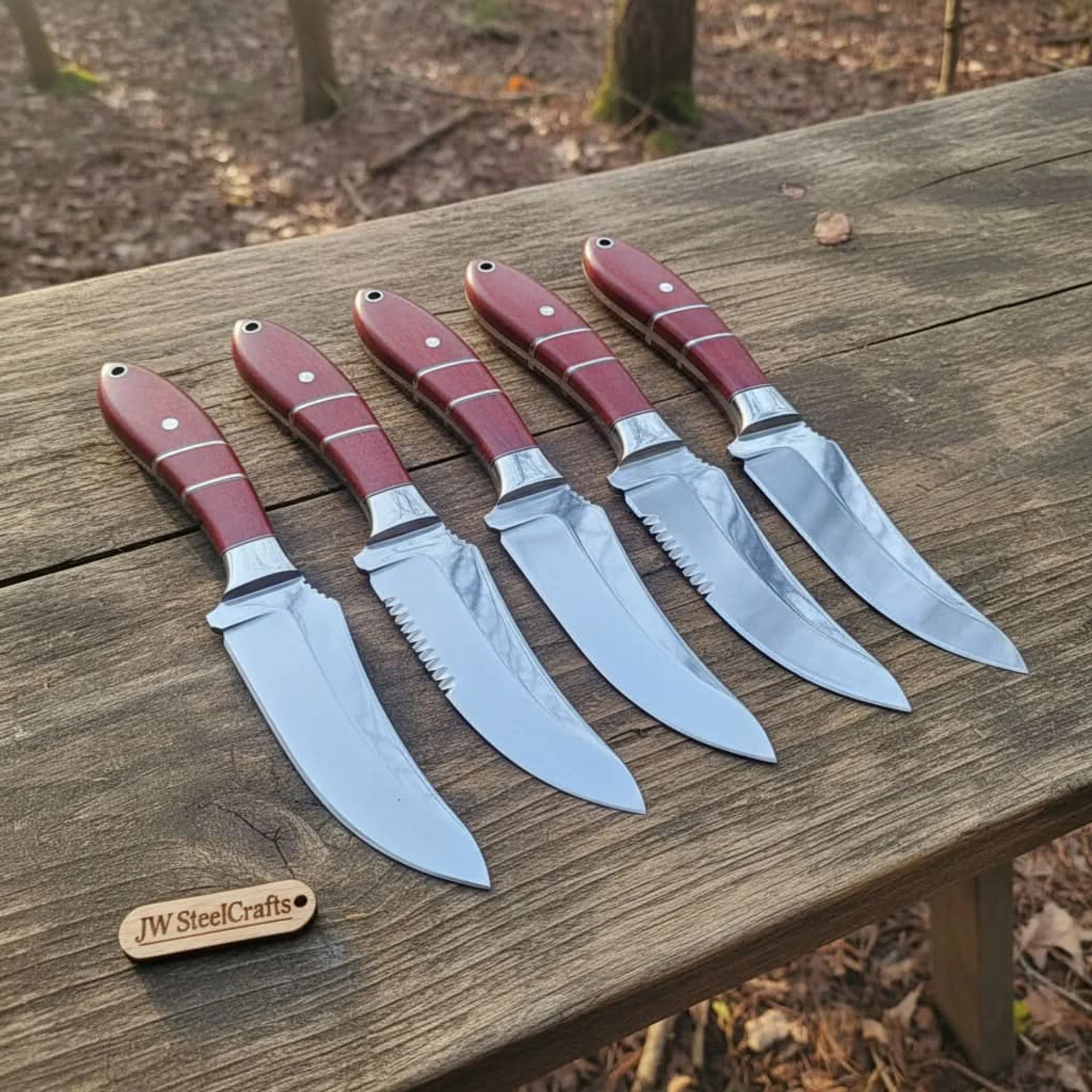 Handmade Drop Point Hunting Knife Set of 5-Piece Full Tang Blades with Red Resin Handles