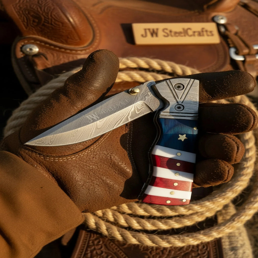 Patriot Damascus Folding Knife with Leather Sheath