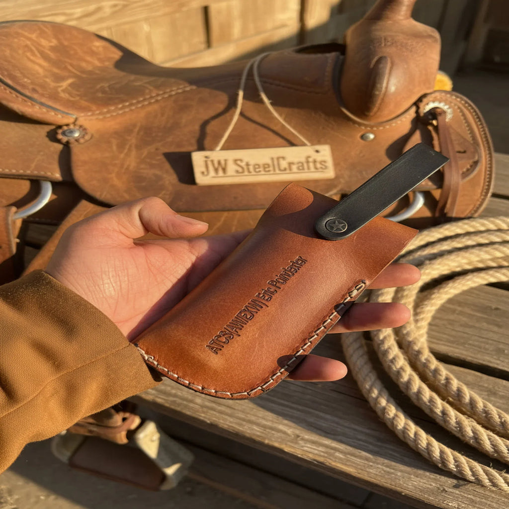 Patriot Damascus Folding Knife with Leather Sheath
