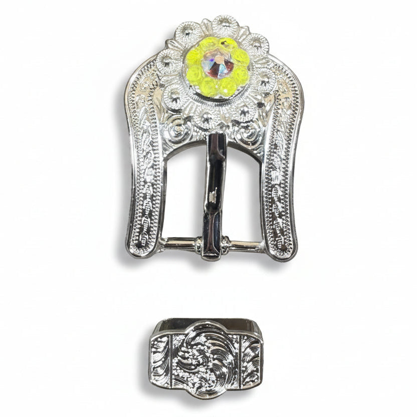 Bright Silver Neon Yellow - AB Crystal Conchos| Sizes 1"- 3" | Buckles | Saddle Set | Leather Rosettes | Slide — view 6