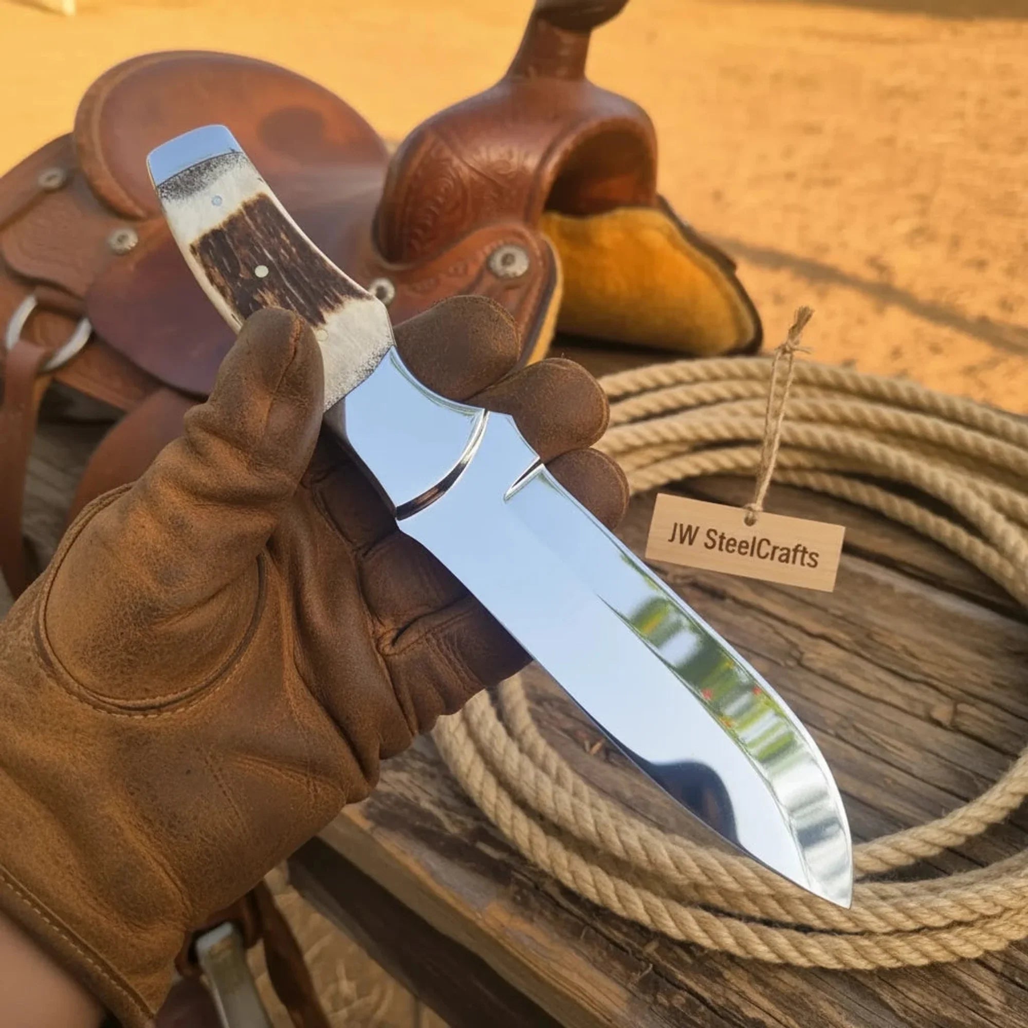 Drop Point Bushcraft Knife 10” – Polished Steel Blade with Natural Stag Handle