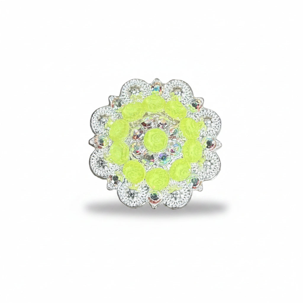 Bright Silver Neon Yellow - AB Crystal Conchos| Sizes 1"- 3" | Buckles | Saddle Set | Leather Rosettes | Slide — view 2