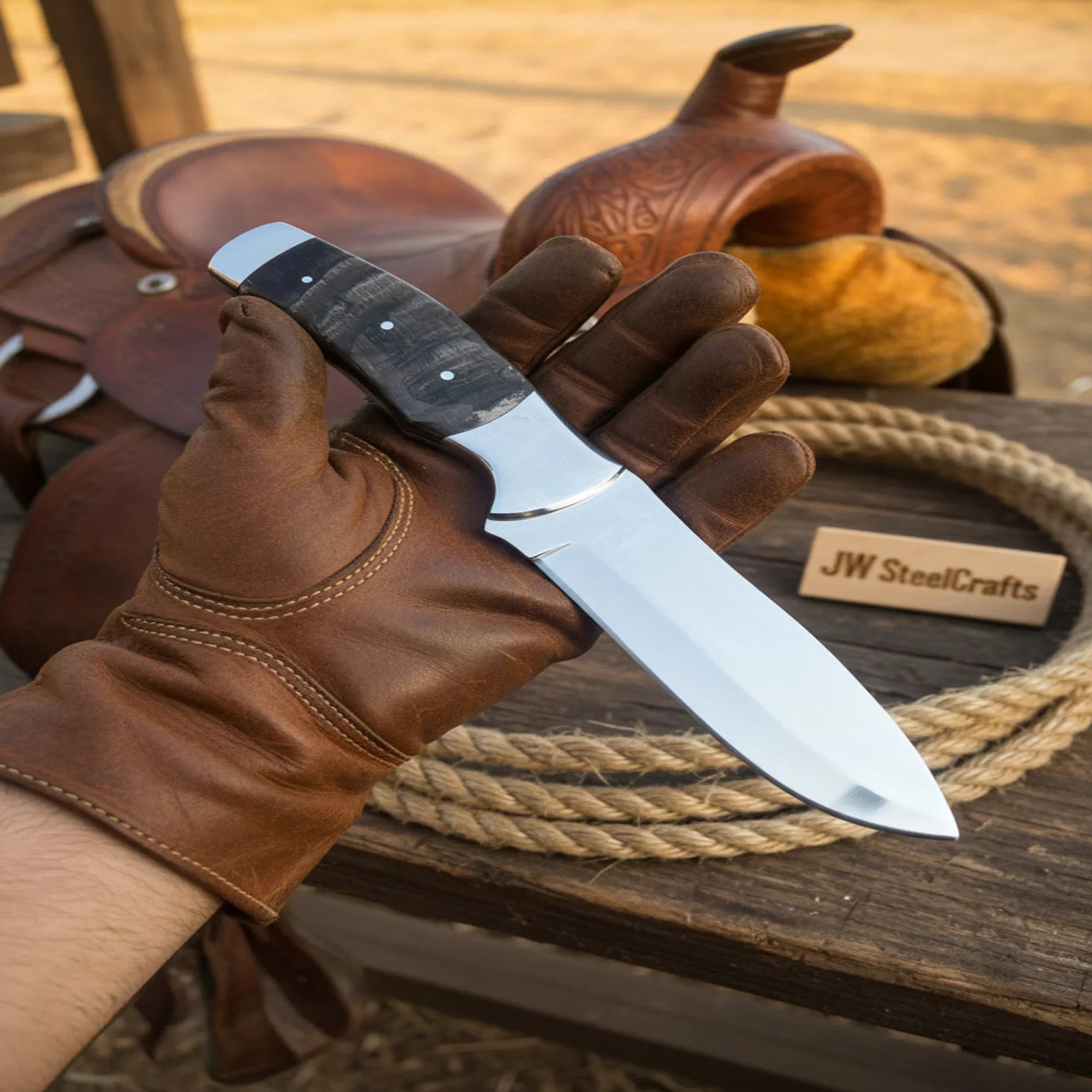 Handmade Rawhide Bowie Knife Mirror-Polished Full Tang Collector Blade