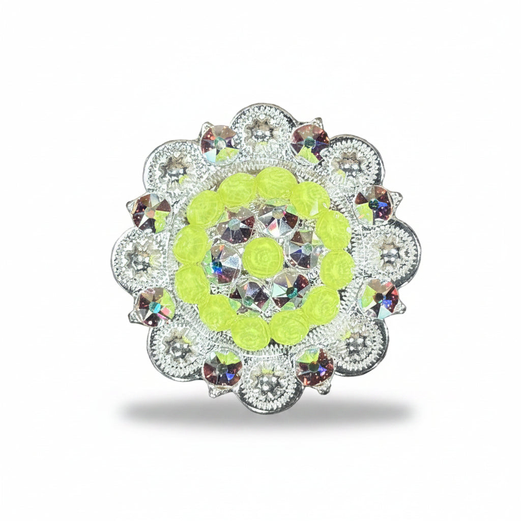Bright Silver Neon Yellow - AB Crystal Conchos| Sizes 1"- 3" | Buckles | Saddle Set | Leather Rosettes | Slide — view 4