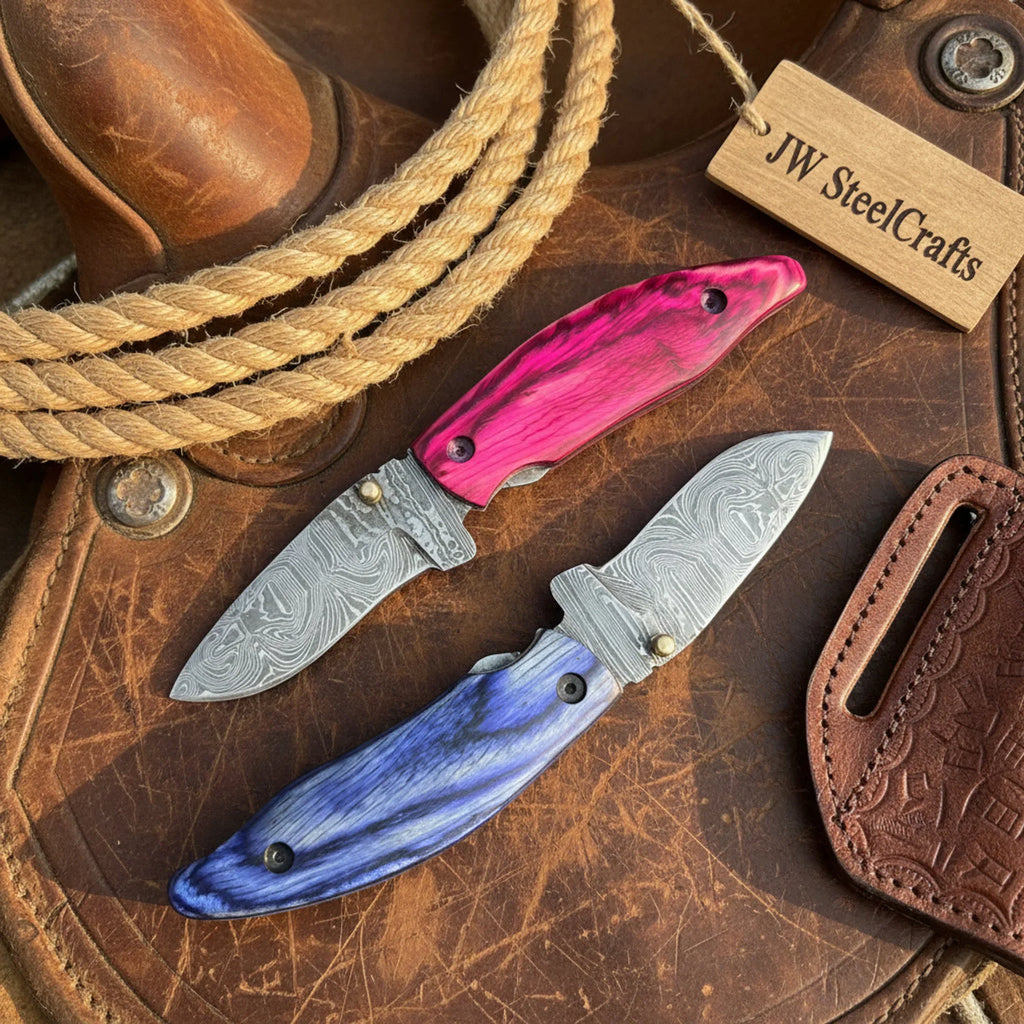 Persian Damascus Folding Knife Set with Pakka Wood Handles