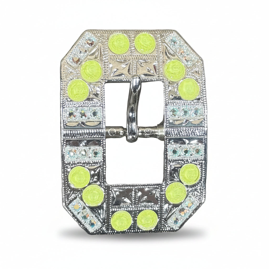 Bright Silver Neon Yellow - AB Crystal Conchos| Sizes 1"- 3" | Buckles | Saddle Set | Leather Rosettes | Slide — view 7