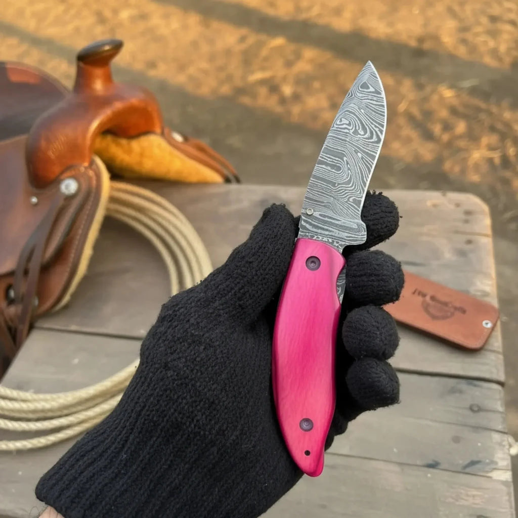 Pink Pakka Wood Damascus Folding Knife 7” Handmade Persian EDC Pocket Knife