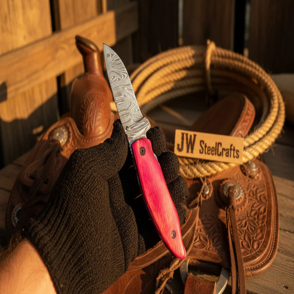 Pink Pakka Wood Damascus Folding Knife 7” Handmade Persian EDC Pocket Knife