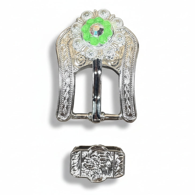 Bright Silver Neon Green - AB Crystal Conchos | Sizes 1"- 3" | Buckles | Saddle Set | Leather Rosettes | Slide — view 6