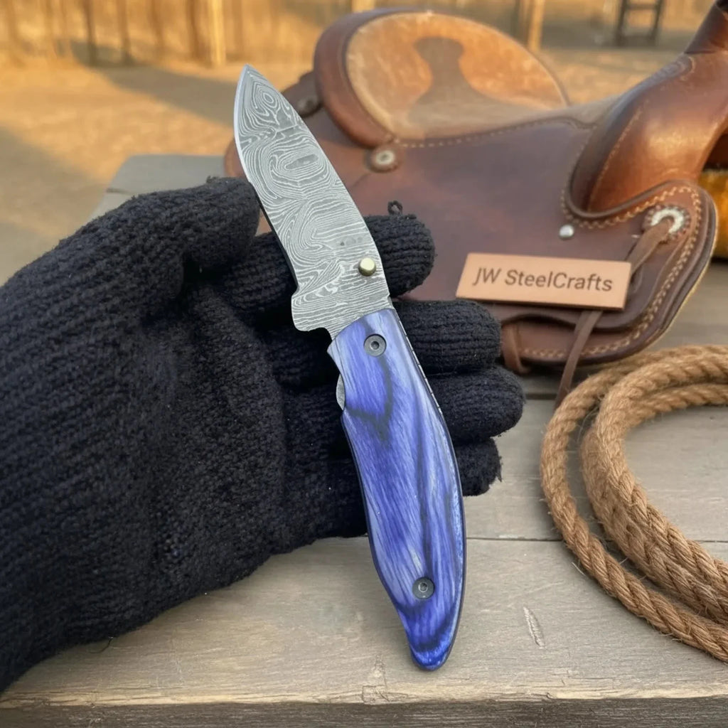 Hand Forged Damascus Gentleman’s Folding Knife Blue Pakkawood Handle Liner Lock EDC