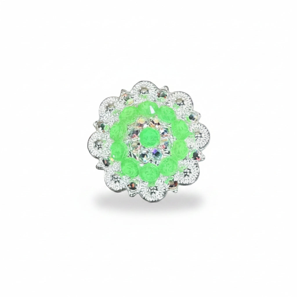 Bright Silver Neon Green - AB Crystal Conchos | Sizes 1"- 3" | Buckles | Saddle Set | Leather Rosettes | Slide — view 2