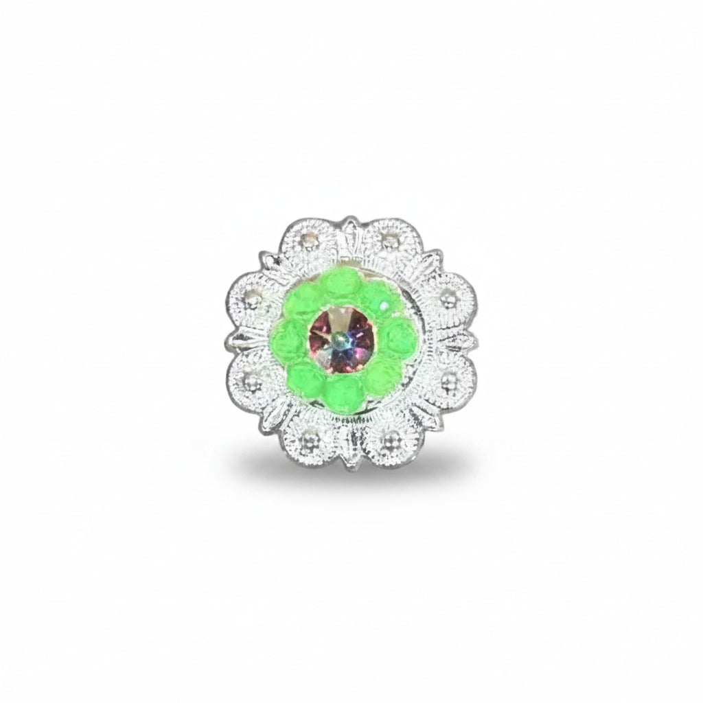 Bright Silver Neon Green - AB Crystal Conchos | Sizes 1"- 3" | Buckles | Saddle Set | Leather Rosettes | Slide — view 3