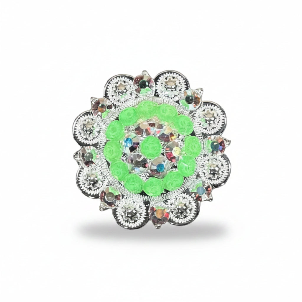 Bright Silver Neon Green - AB Crystal Conchos | Sizes 1"- 3" | Buckles | Saddle Set | Leather Rosettes | Slide — view 4