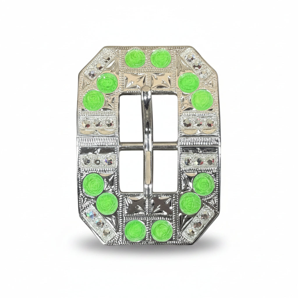 Bright Silver Neon Green - AB Crystal Conchos | Sizes 1"- 3" | Buckles | Saddle Set | Leather Rosettes | Slide — view 7