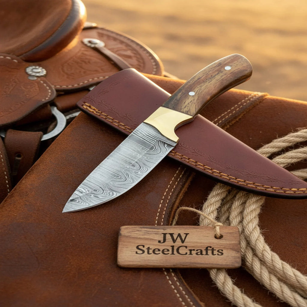Handmade Damascus Field Knife 8” Bushcraft Knife Wood Handle with Leather Sheath