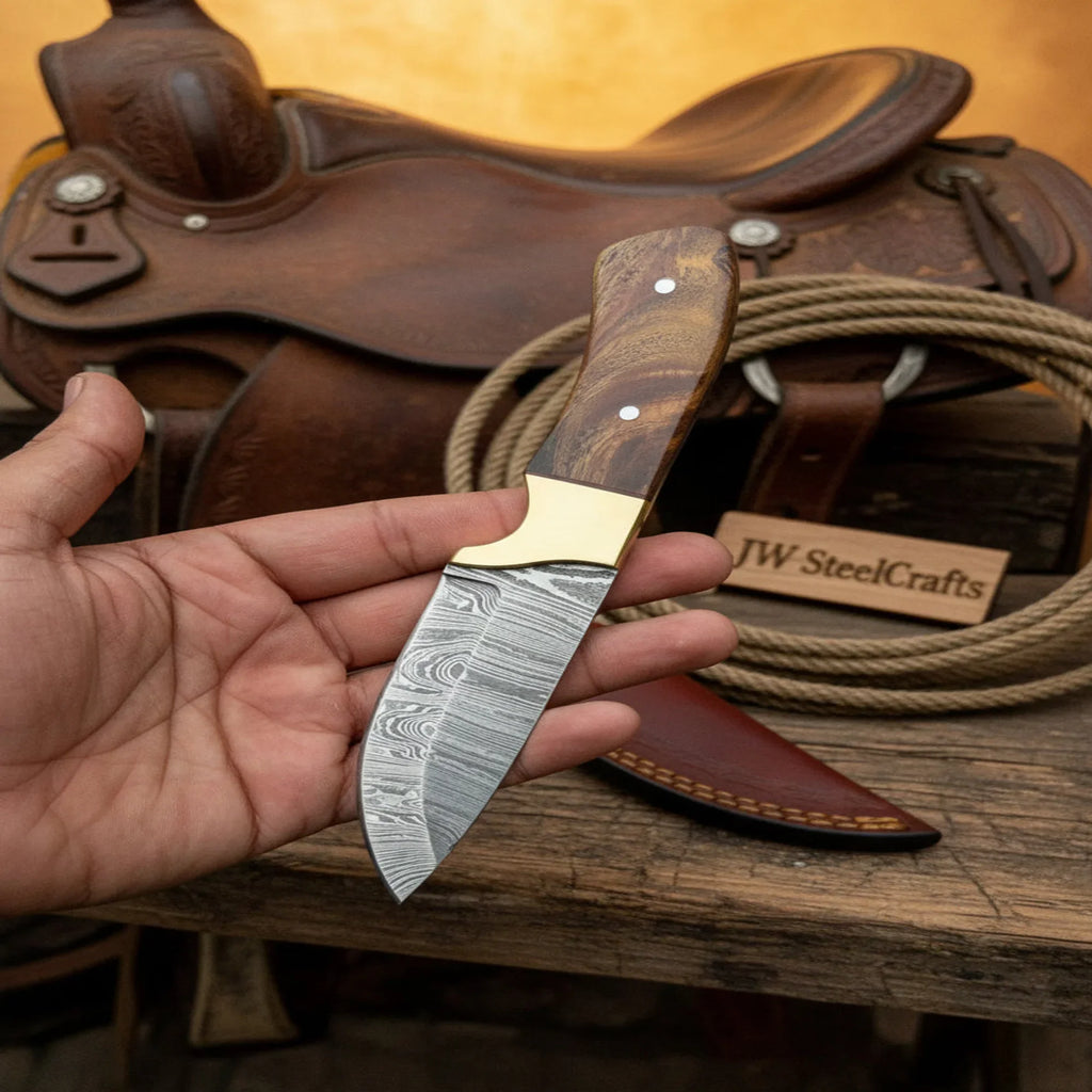 Handmade Damascus Field Knife 8” Bushcraft Knife Wood Handle with Leather Sheath