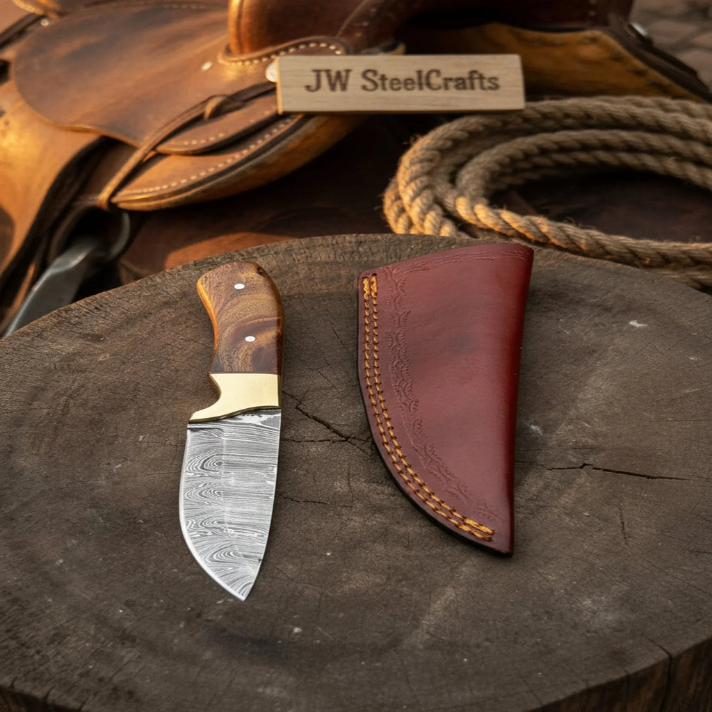 Handmade Damascus Field Knife 8” Bushcraft Knife Wood Handle with Leather Sheath