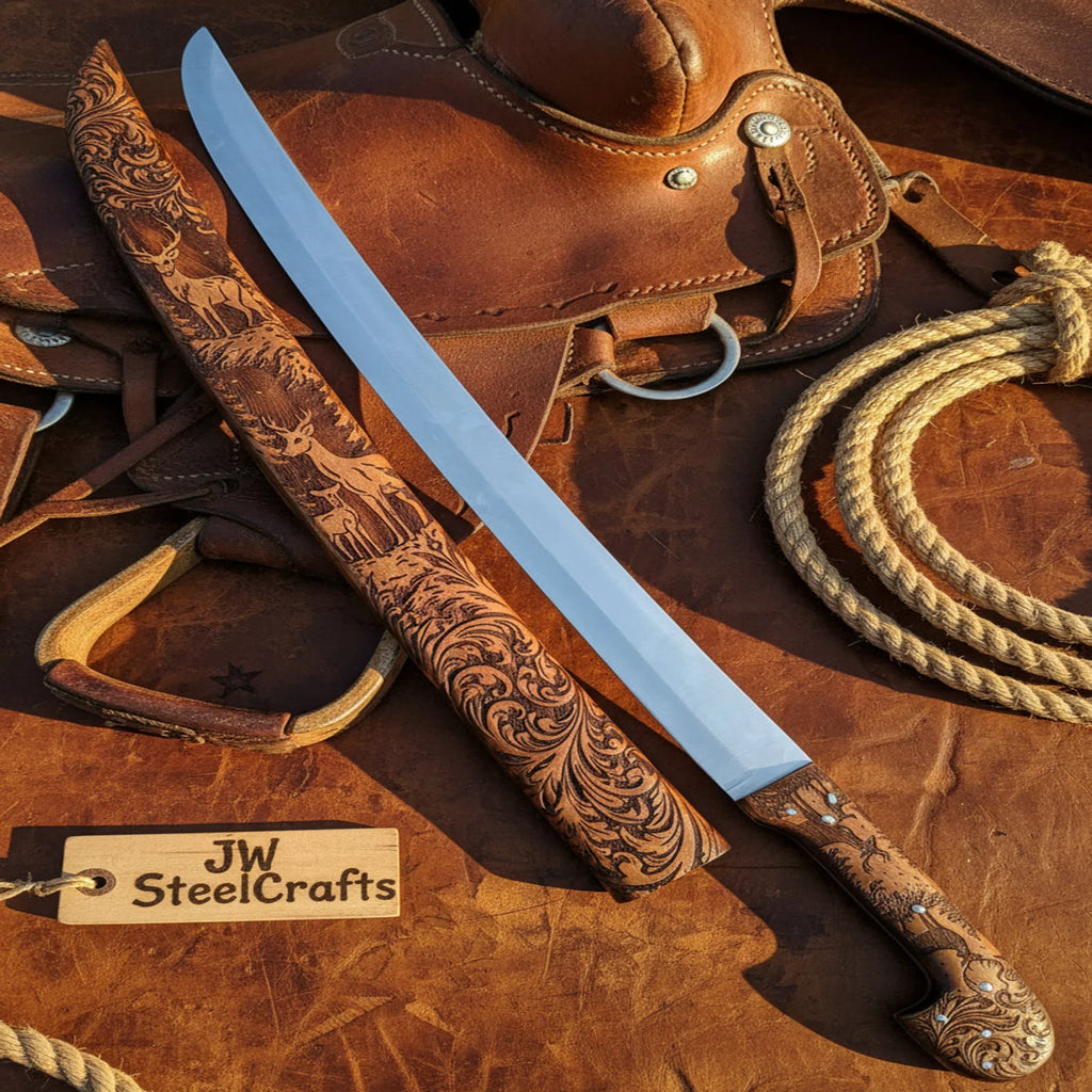 Handmade Shashka Sword 24” – Caucasian Saber Style Curved Blade with Engraved Scabbard