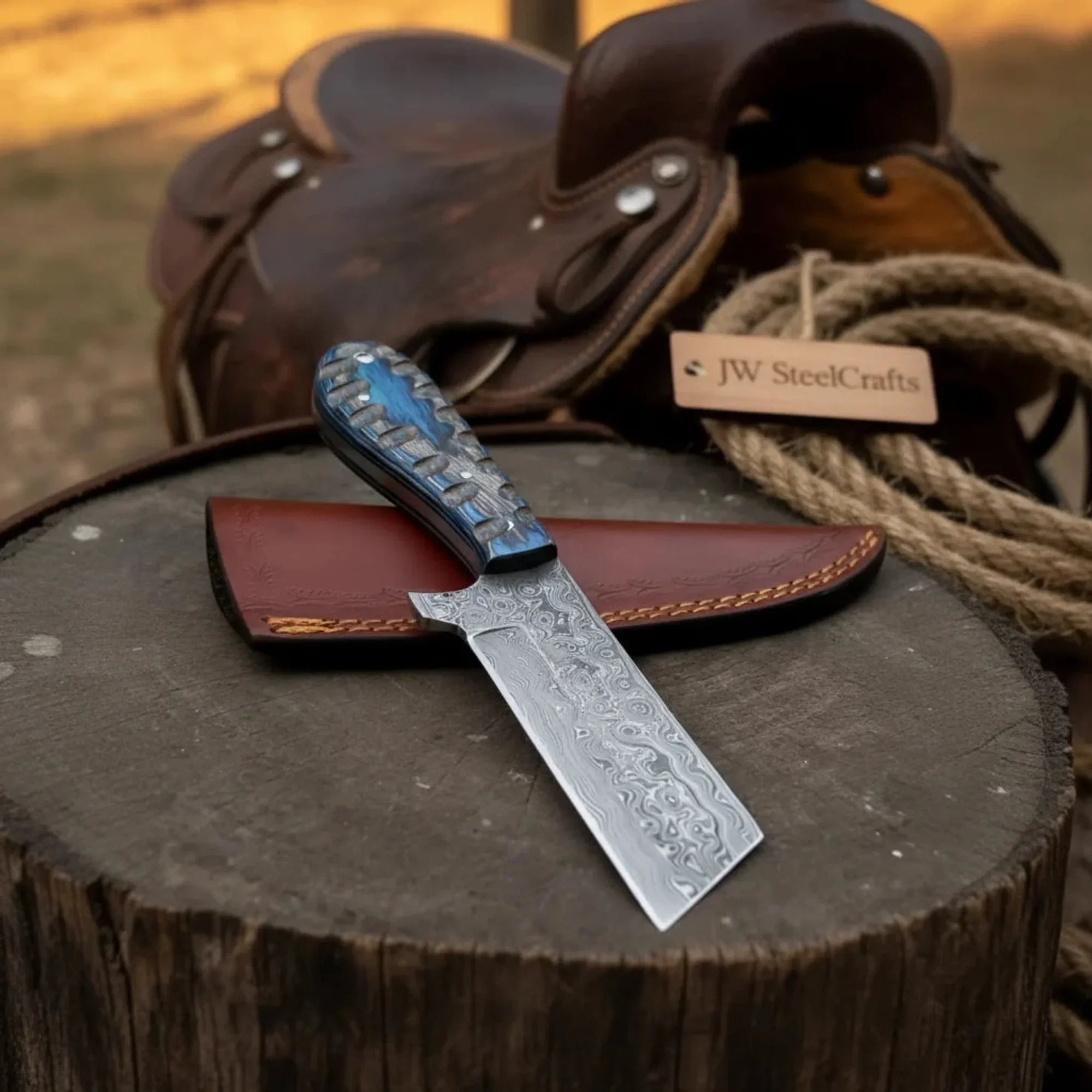 Western Bull Cutter 7” Knife – Damascus Ranch Blade with Blue Stabilized Handle & Sheath