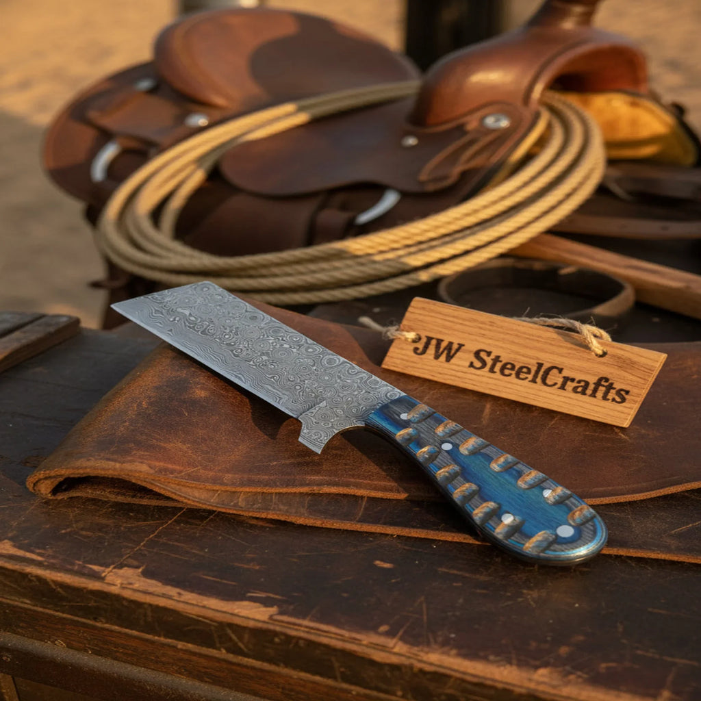 Western Bull Cutter 7” Knife – Damascus Ranch Blade with Blue Stabilized Handle & Sheath