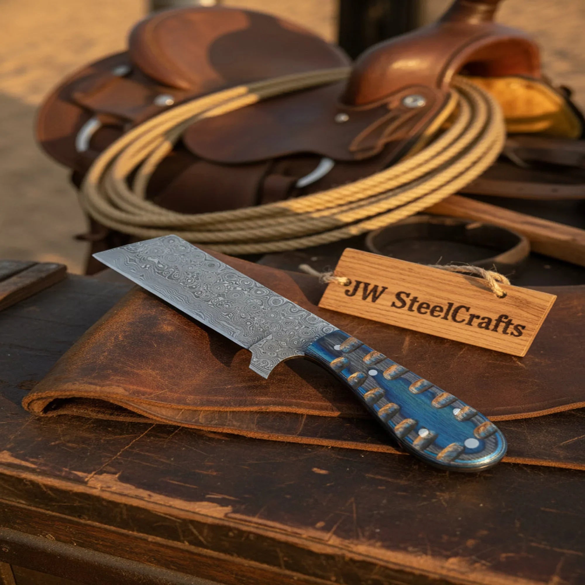 Western Bull Cutter 7” Knife – Damascus Ranch Blade with Blue Stabilized Handle & Sheath