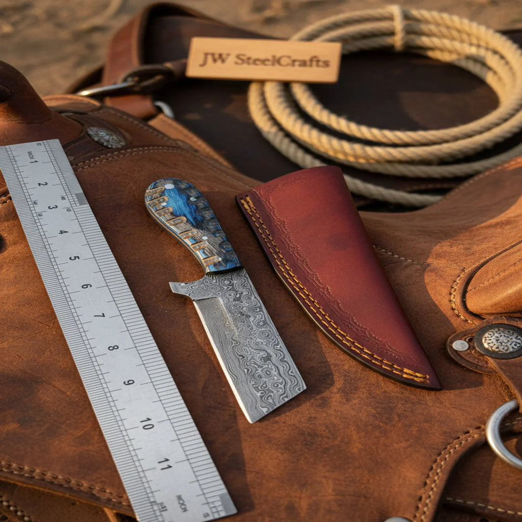 Western Bull Cutter 7” Knife – Damascus Ranch Blade with Blue Stabilized Handle & Sheath