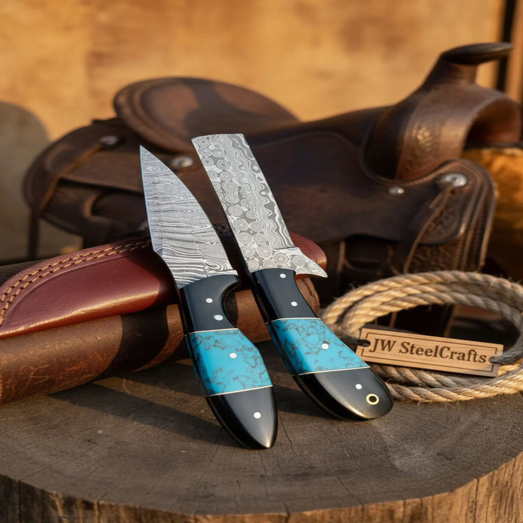 Handmade Damascus Skinner 7”–8” Knife Set Cowboy Ranch Blades Turquoise Handle with Sheath