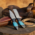 Handmade Damascus Skinner 7”–8” Knife Set Cowboy Ranch Blades Turquoise Handle with Sheath