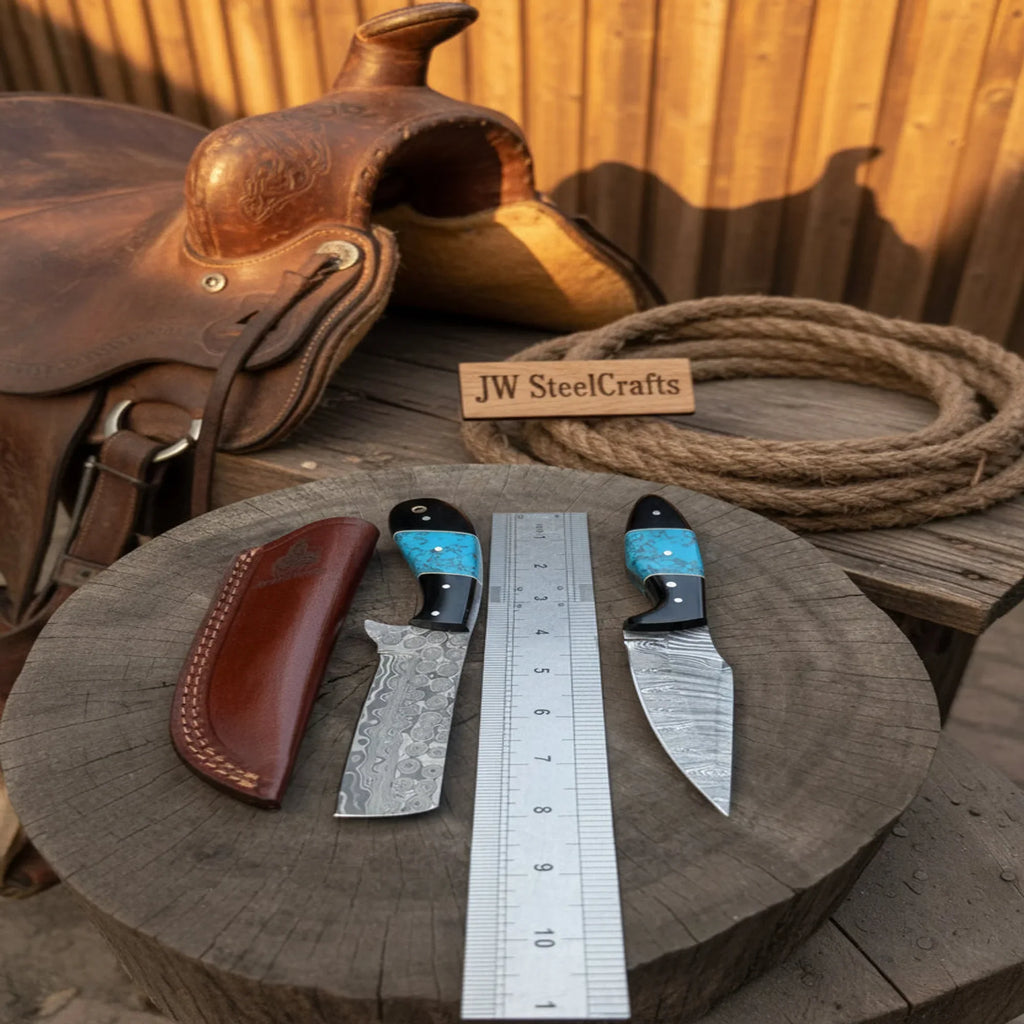 Handmade Damascus Skinner 7”–8” Knife Set Cowboy Ranch Blades Turquoise Handle with Sheath