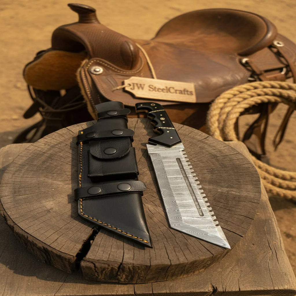 Handmade Damascus Tracker Knife 12” Sawback Blade Survival Knife Black resin Handle & Sheath