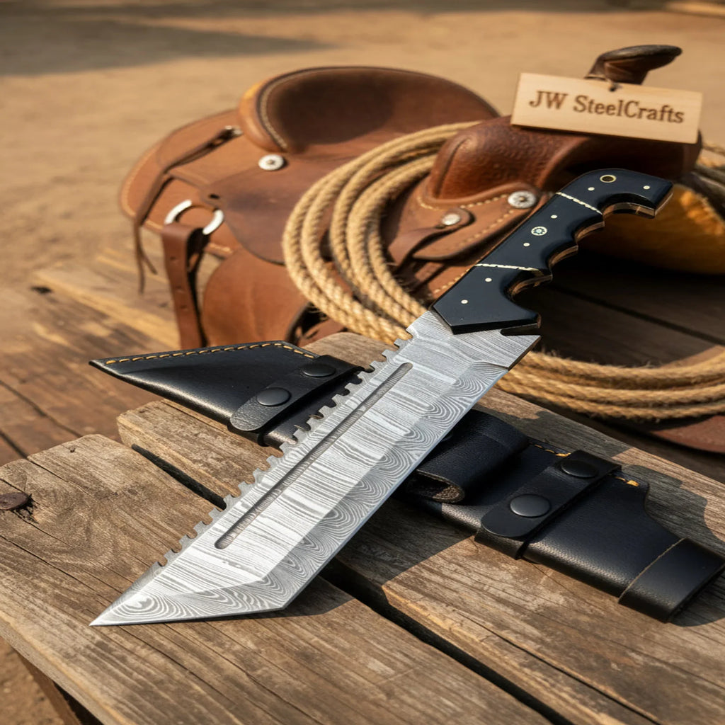 Handmade Damascus Tracker Knife 12” Sawback Blade Survival Knife Black resin Handle & Sheath