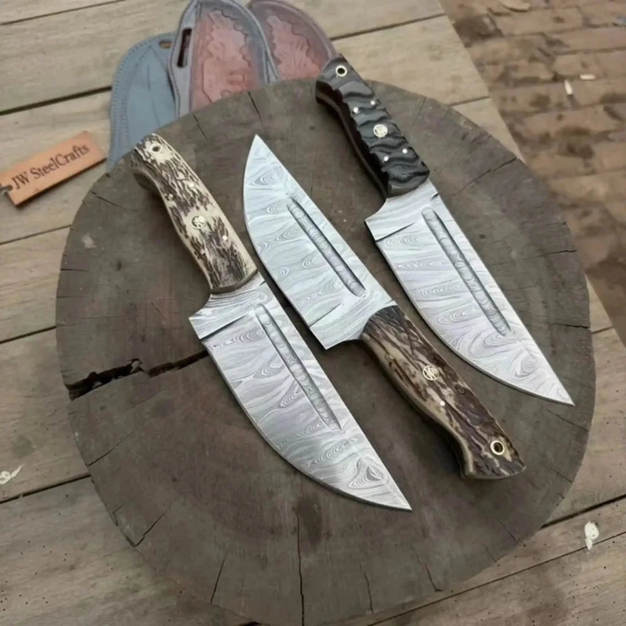 Premium Handmade Hunting Knife Set (3-Piece) Damascus Steel Fixed Blade Leather Sheaths