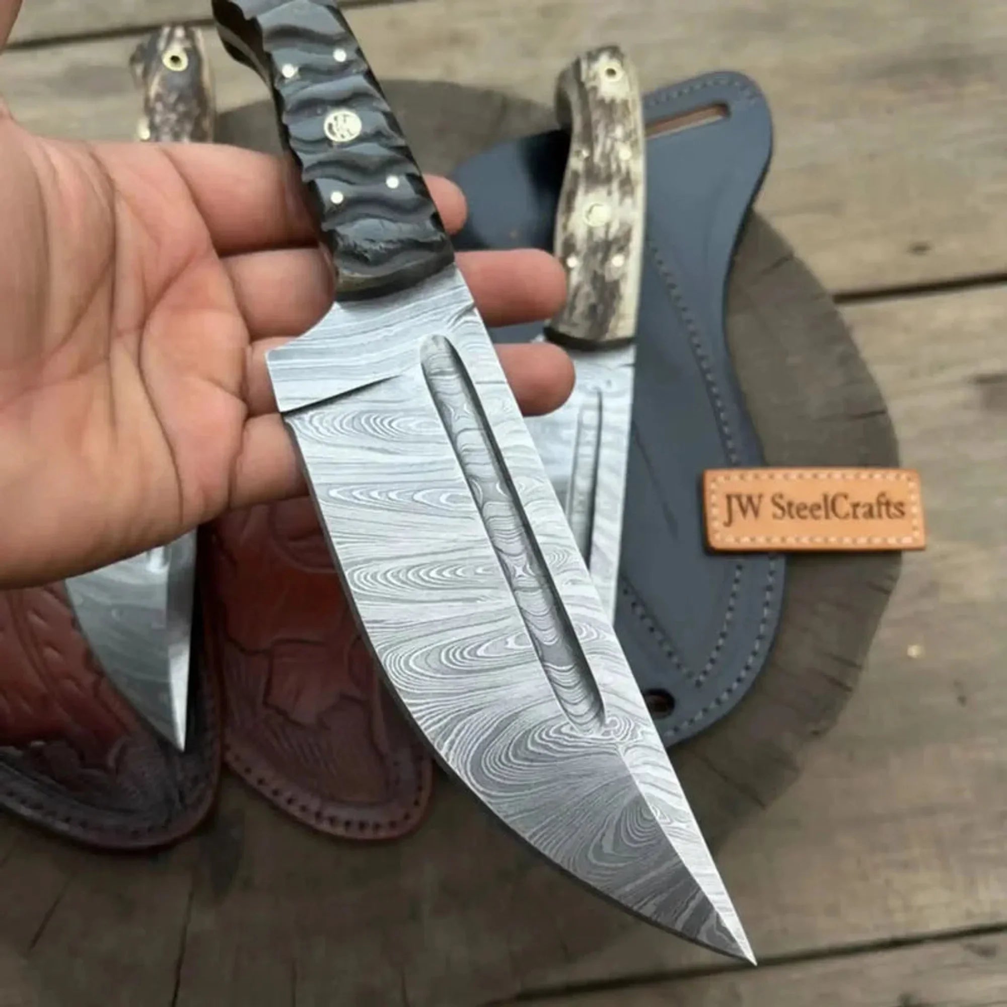 Premium Handmade Hunting Knife Set (3-Piece) Damascus Steel Fixed Blade Leather Sheaths