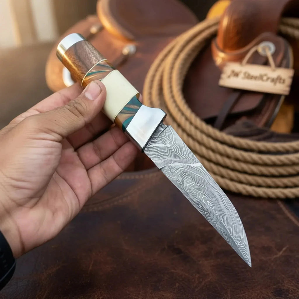 Hunting Knife 4.5” Damascus Steel Straight Back Blade Hybrid Wood Resin Handle Viking-Inspired