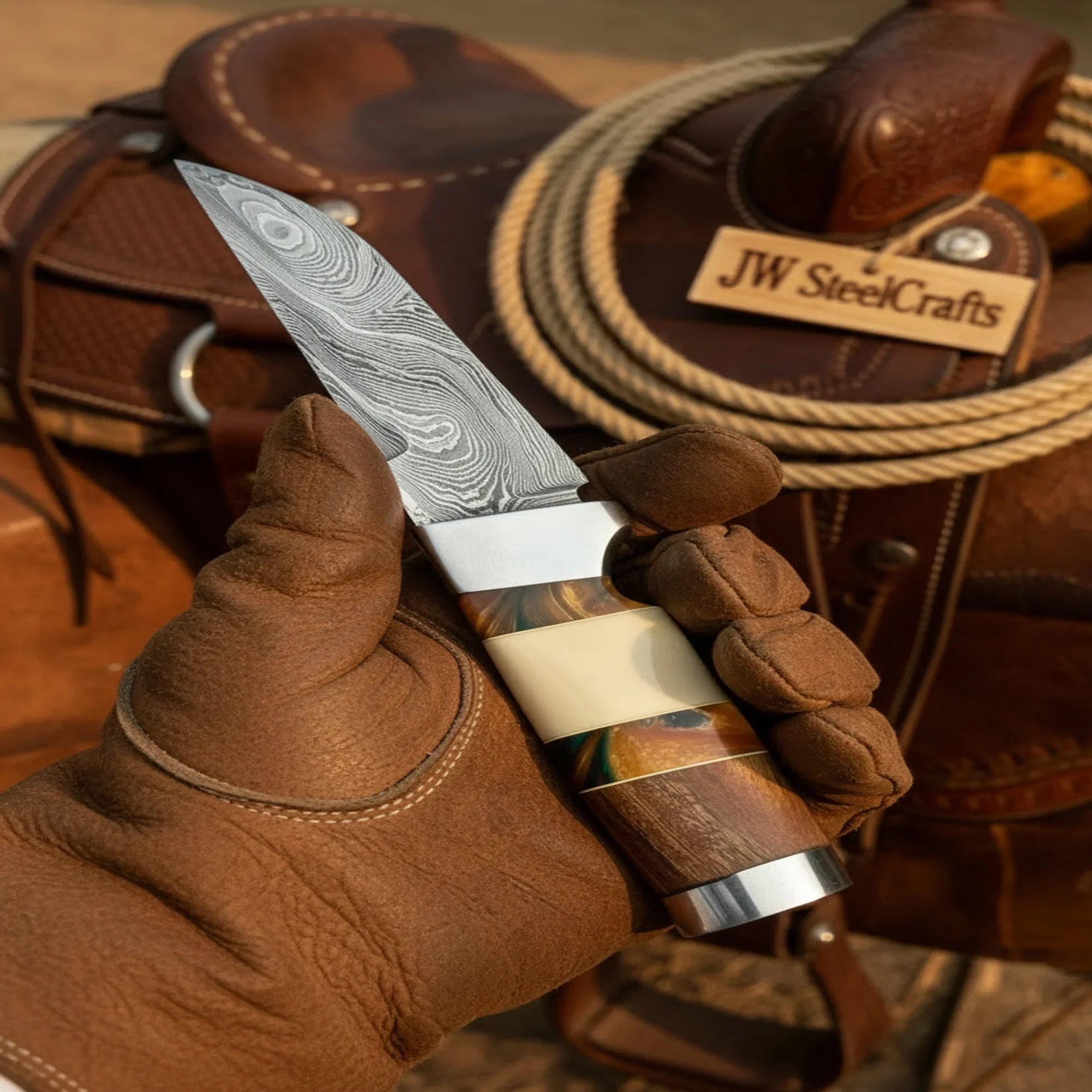 Hunting Knife 4.5” Damascus Steel Straight Back Blade Hybrid Wood Resin Handle Viking-Inspired