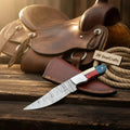 Damascus Camping Knife Fixed Blade USA Flag Resin Handle Outdoor Utility Knife with Sheath