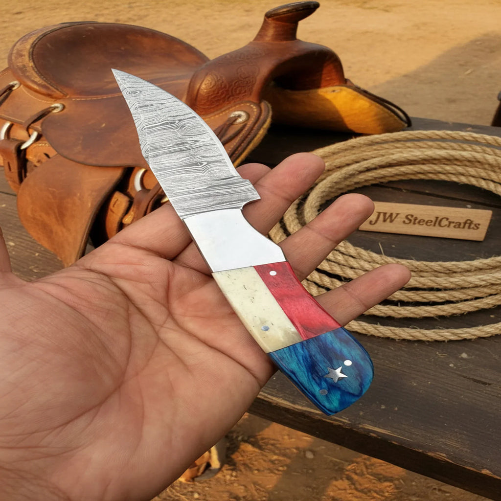Damascus Camping Knife Fixed Blade USA Flag Resin Handle Outdoor Utility Knife with Sheath