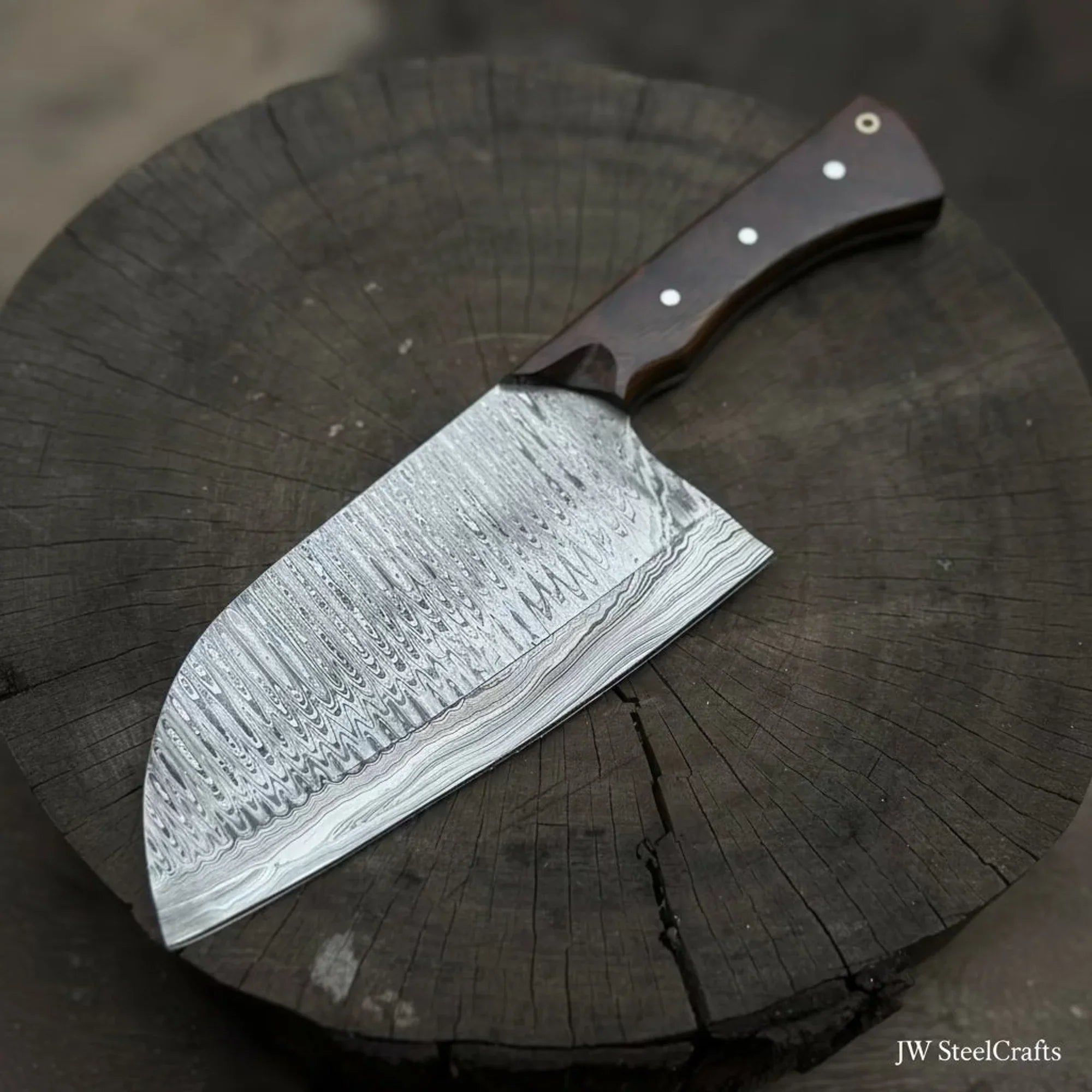 10-Inch Damascus Camp Cleaver — 5.5 Inch Blade, Tali Wood Handle, Silver Pins & Black Spacer