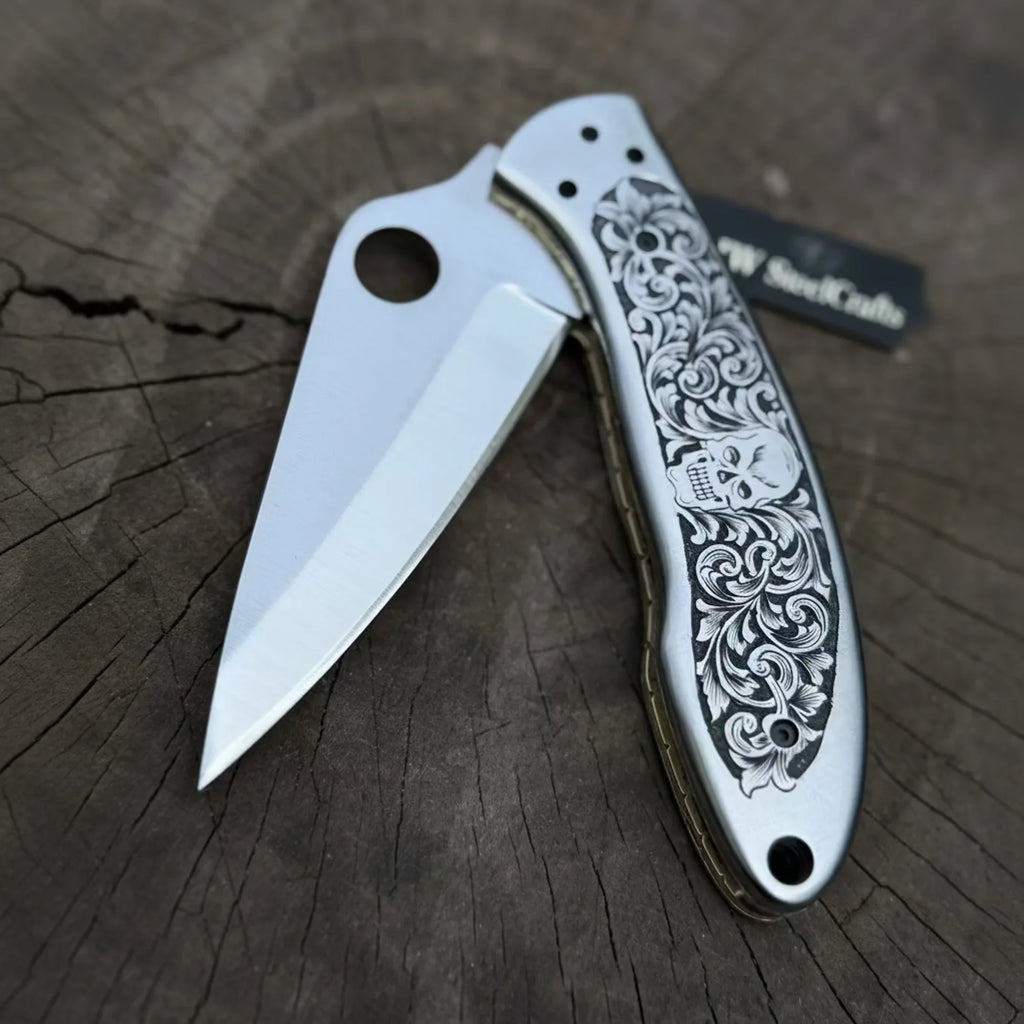 Engraved Spyderco Style Folder with Mirror Polished Leaf Blade