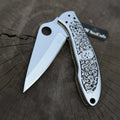 Engraved Spyderco Style Folder with Mirror Polished Leaf Blade