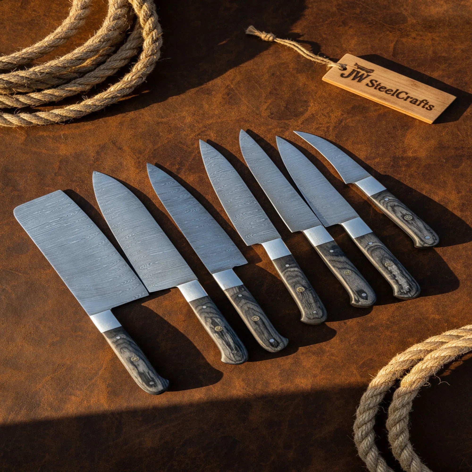 7-Piece Hammer Forged Damascus Chef Knife Set with Black Pakka Wood Handles