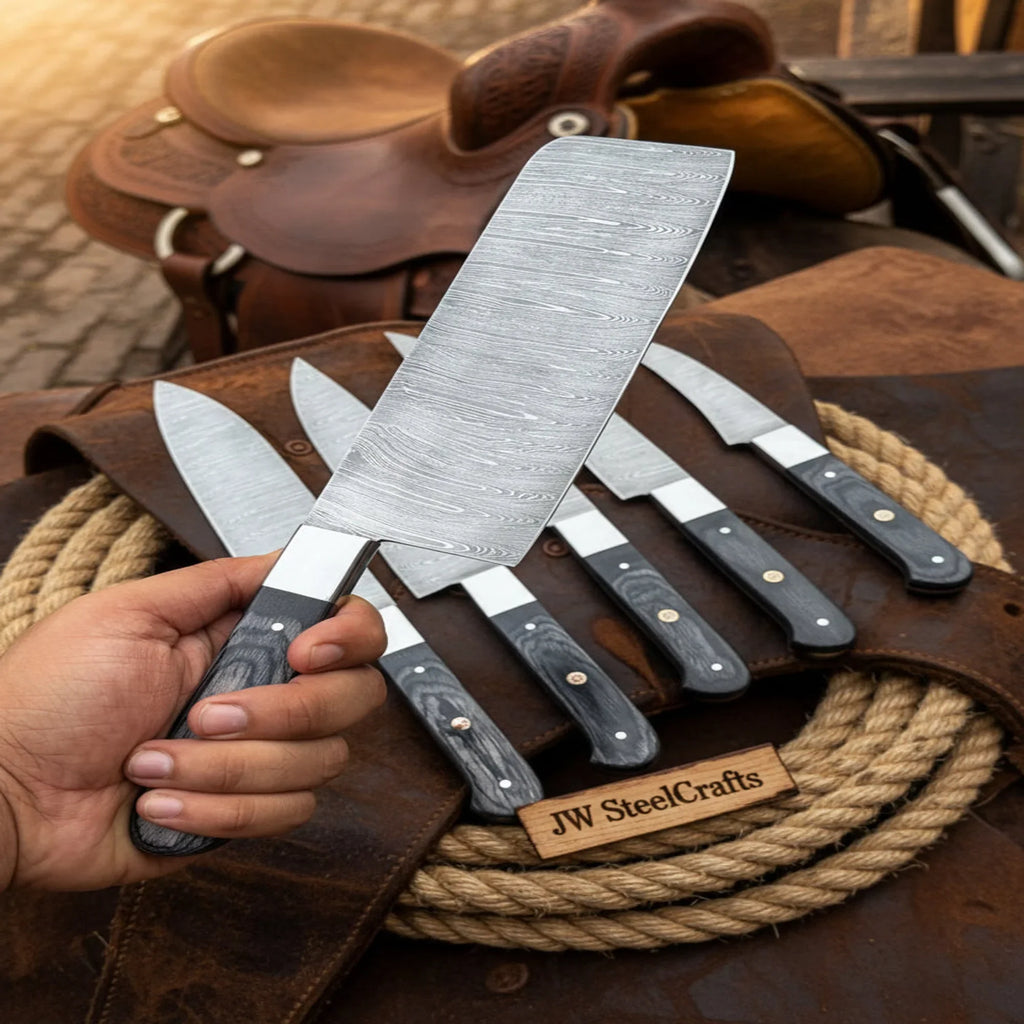 7-Piece Hammer Forged Damascus Chef Knife Set with Black Pakka Wood Handles
