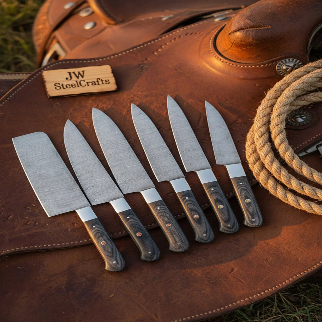 7-Piece Hammer Forged Damascus Chef Knife Set with Black Pakka Wood Handles