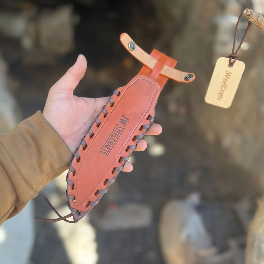 10-Inch Hammered Spear Point Survival Knife — Ram Horn Black Resin Handle, Tiger Engraved Copper Bolster & Leather Sheath