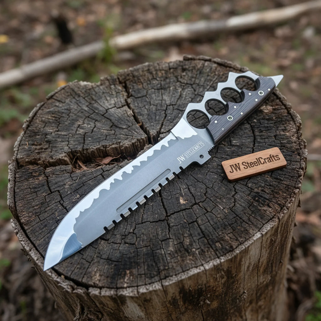 14-Inch High Carbon Steel Combat Knife — Acid Etched Tanto Blade, Knuckle Duster Guard & Wenge Wood Handle