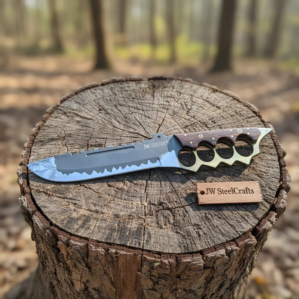 14-Inch High Carbon Steel Combat Knife — Acid Etched Tanto Blade, Knuckle Duster Guard & Wenge Wood Handle