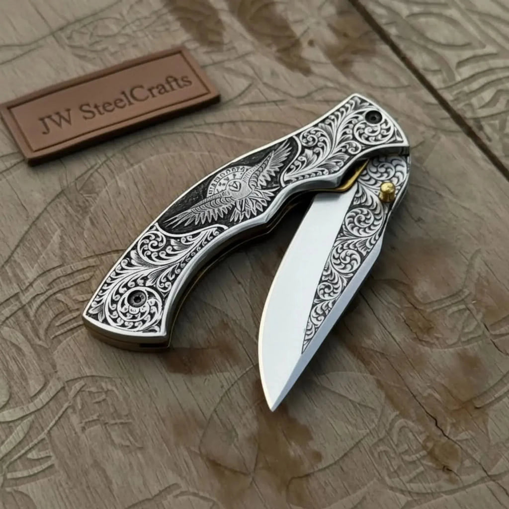 Hand Engraved Neck Folding Knife with Eagle Motif Stainless Steel Scales