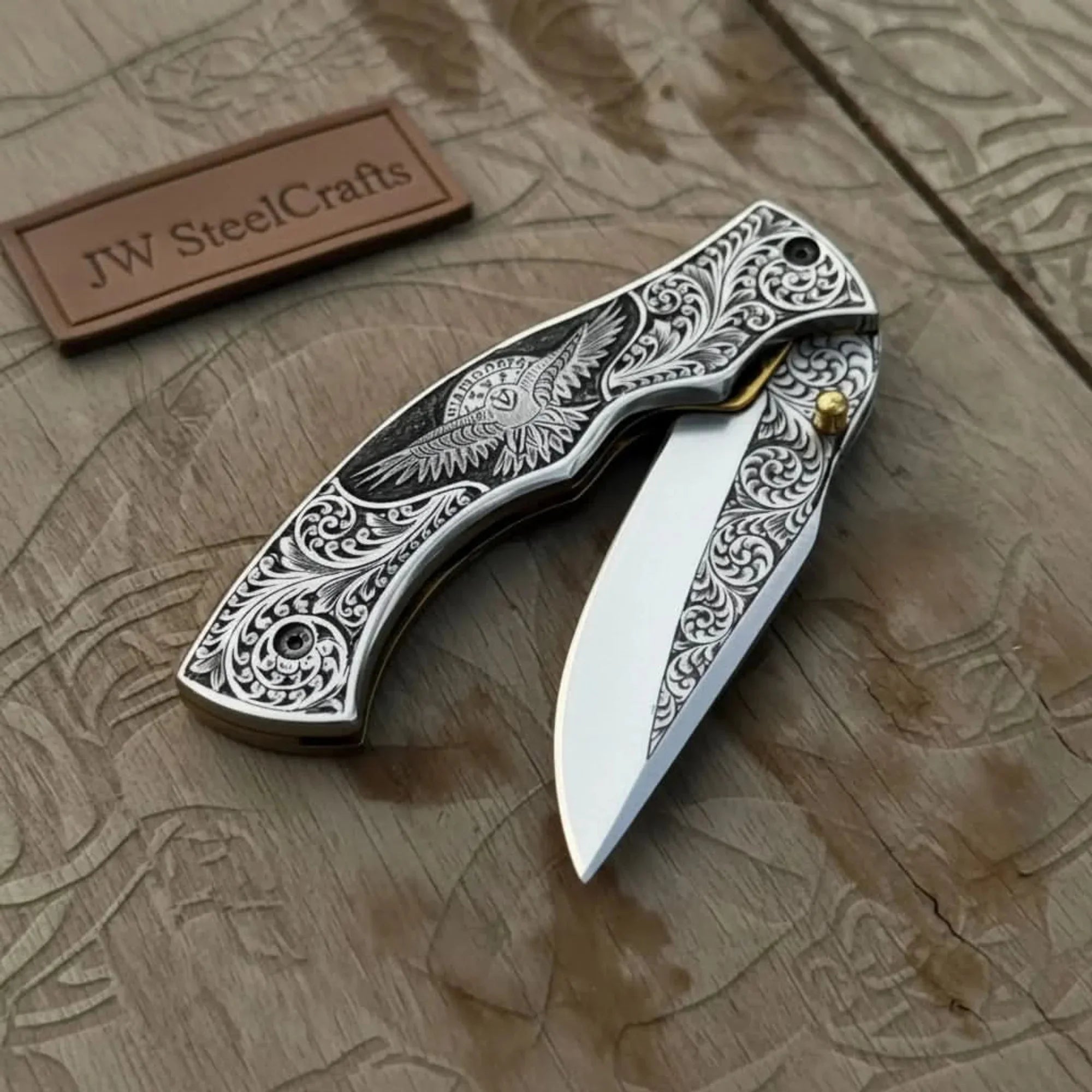 Hand Engraved Neck Folding Knife with Eagle Motif Stainless Steel Scales
